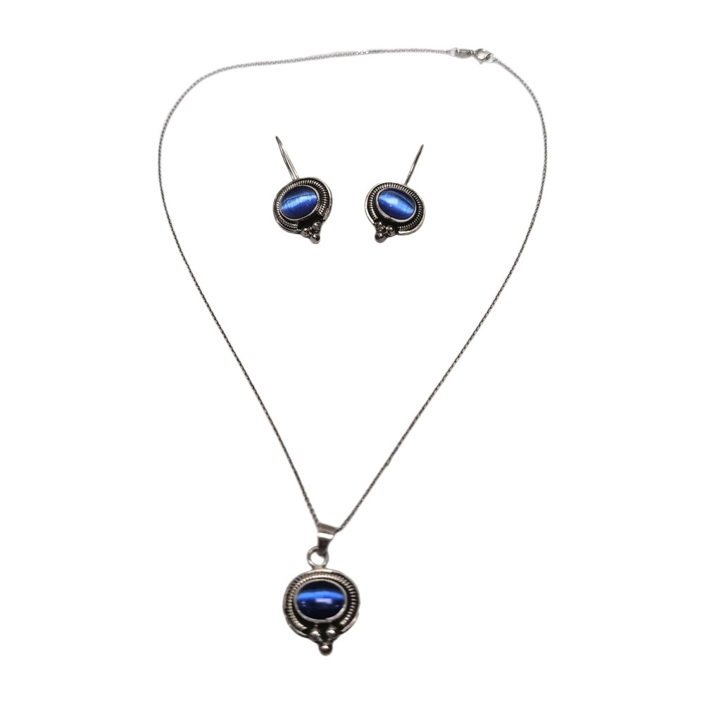 ATI Vtg Mexican Sterling Silver 925 Necklace Earrings Set Blue Cat Eye Glass